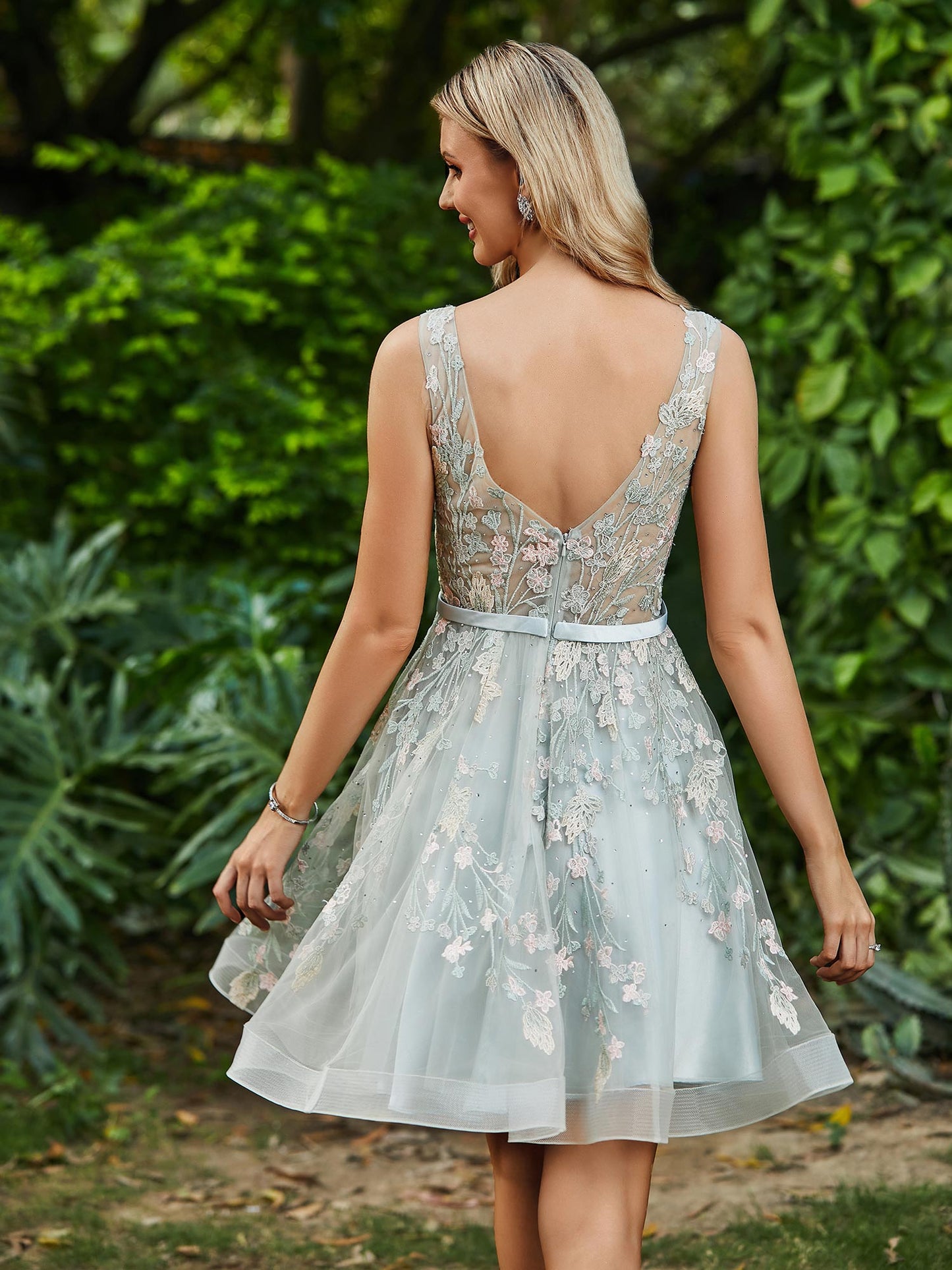 A-Line Floral Lace Sleeveless Tulle Dress Dusty Sage