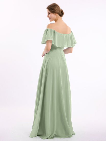 Off the Shoulder Chiffon Full Length Dress-Dusty Sage