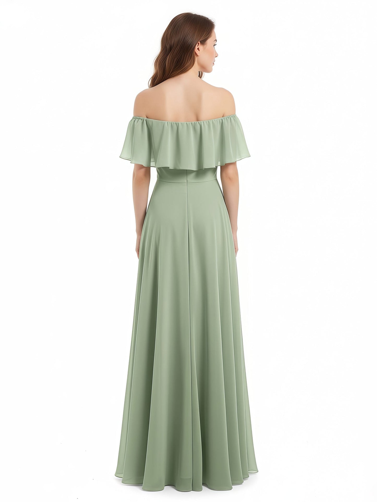 Off the Shoulder Chiffon Full Length Dress-Dusty Sage