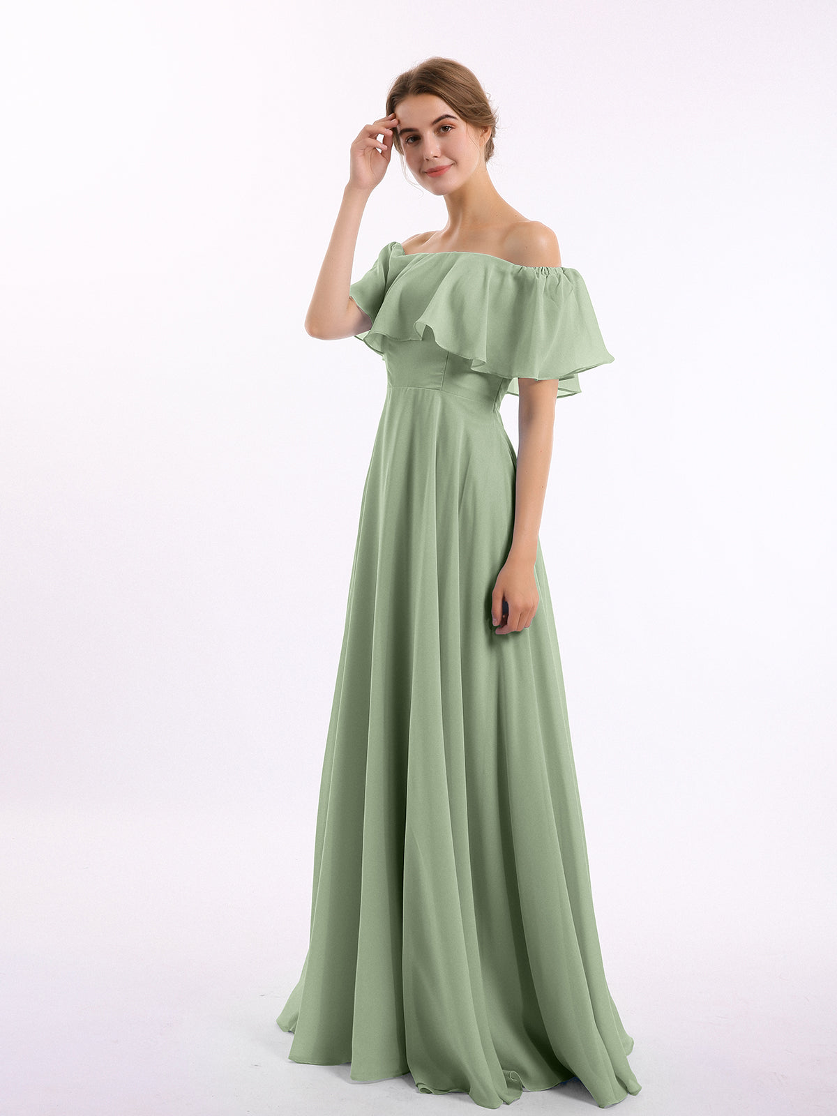 Off the Shoulder Chiffon Full Length Dress-Dusty Sage