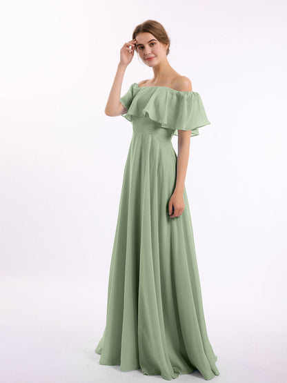 Off the Shoulder Chiffon Full Length Dress-Dusty Sage