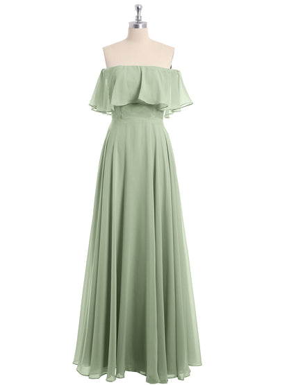 Off the Shoulder Chiffon Full Length Dress-Dusty Sage