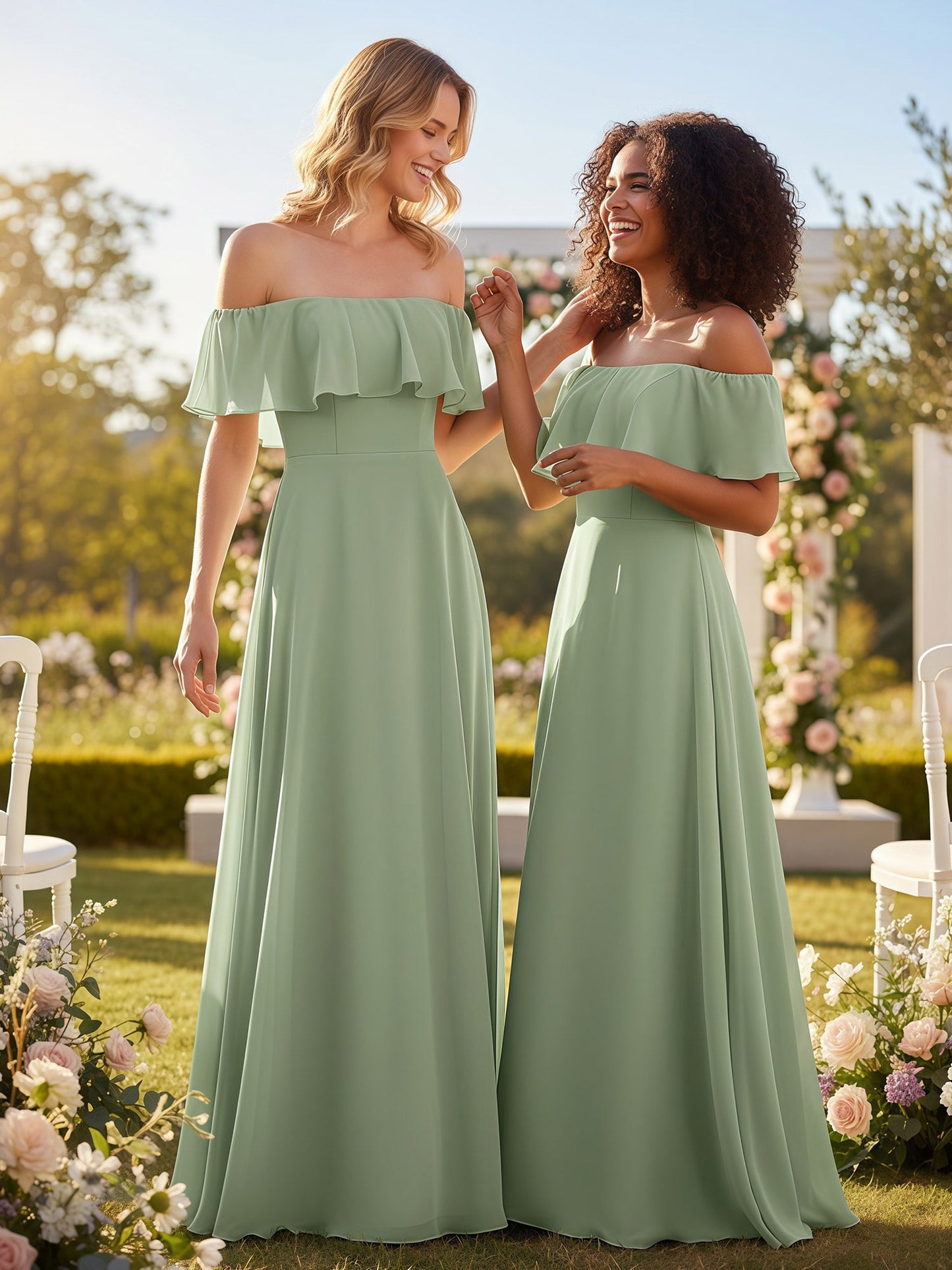 Off the Shoulder Chiffon Full Length Dress-Dusty Sage
