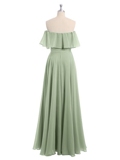 Off the Shoulder Chiffon Full Length Dress-Dusty Sage