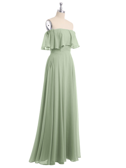 Off the Shoulder Chiffon Full Length Dress-Dusty Sage