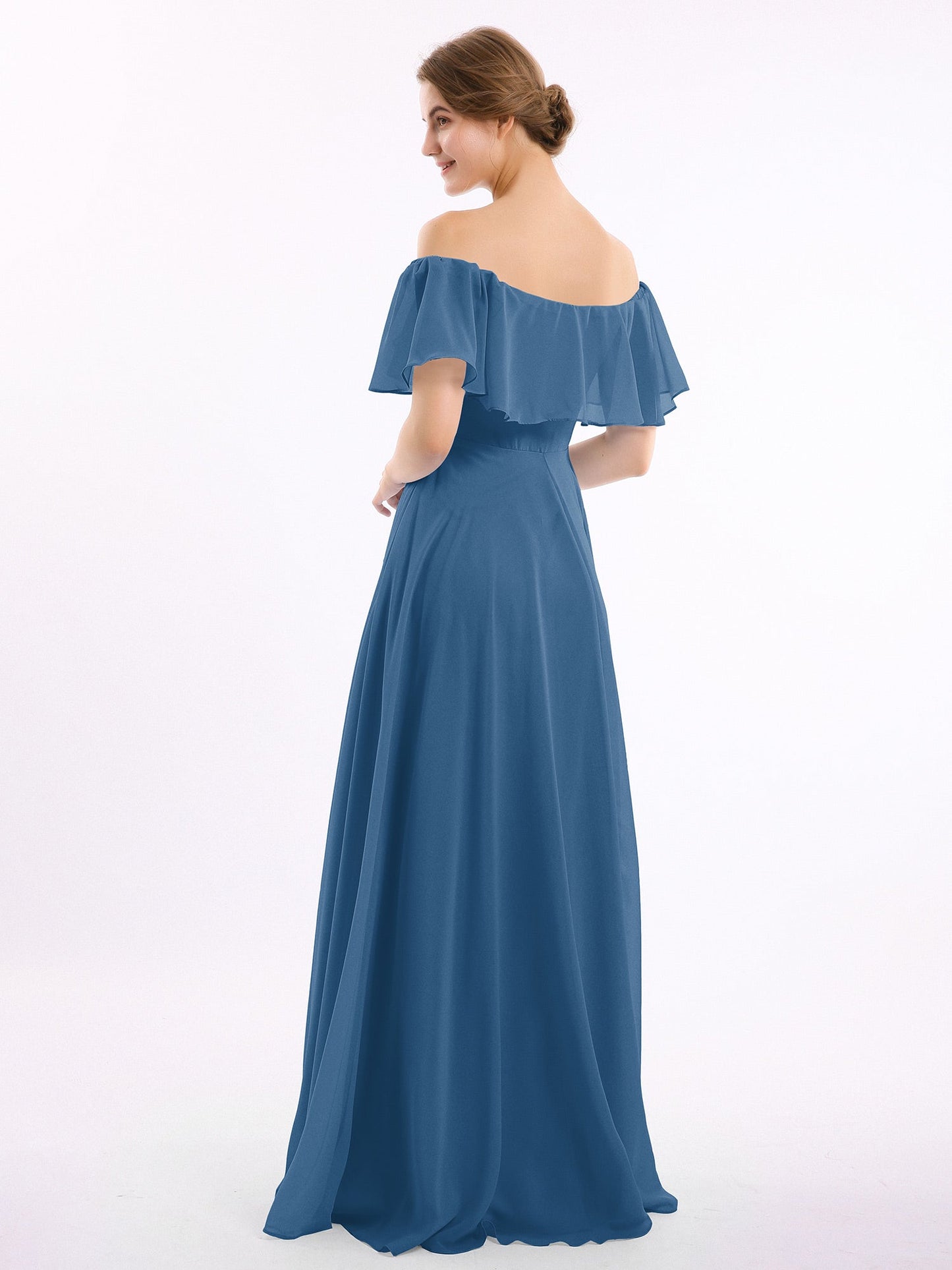 Off the Shoulder Chiffon Full Length Dress-Ink Blue