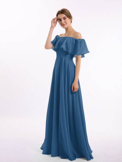 Off the Shoulder Chiffon Full Length Dress-Ink Blue