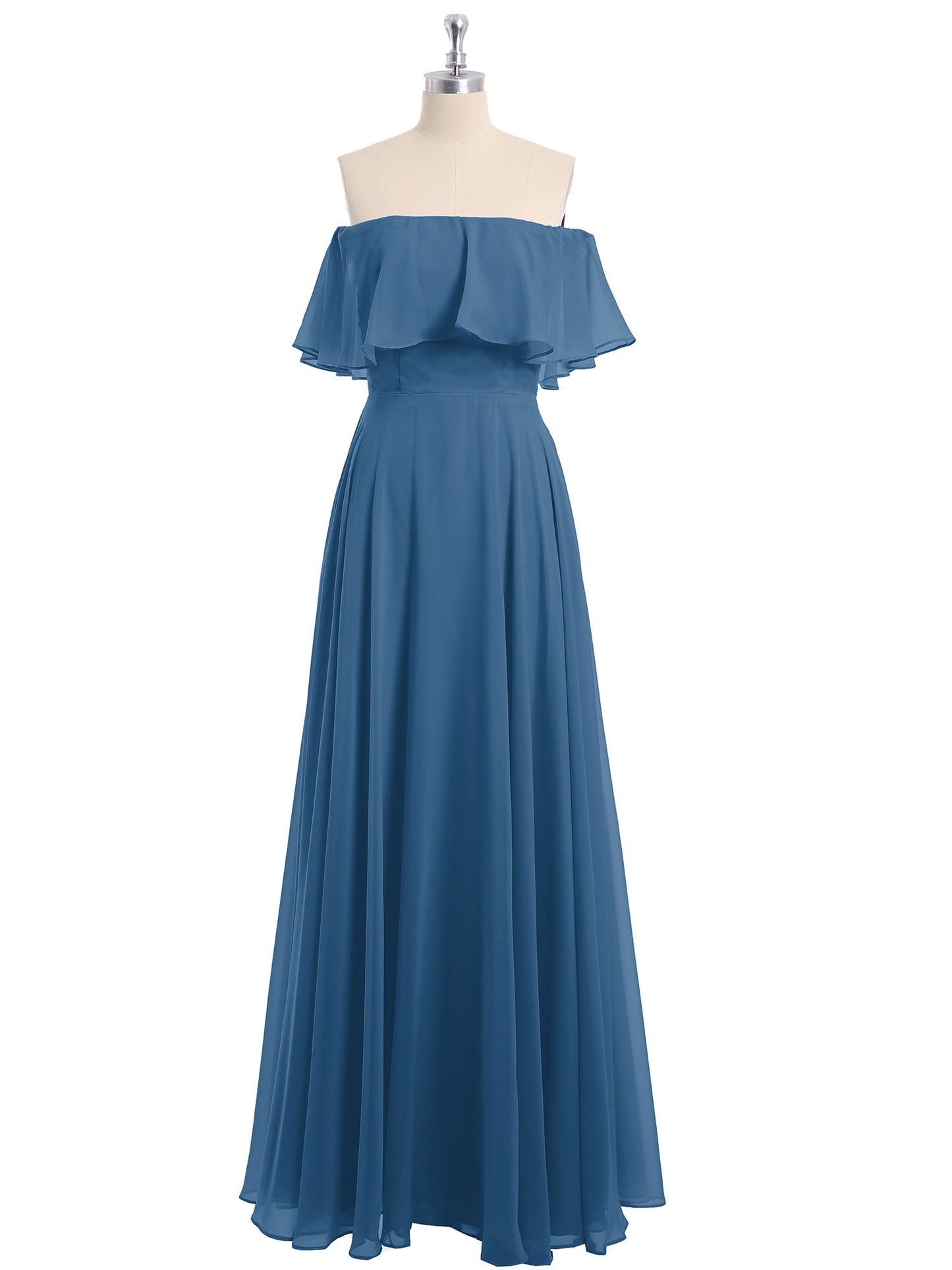 Off the Shoulder Chiffon Full Length Dress-Ink Blue