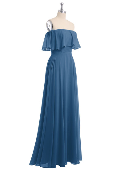 Off the Shoulder Chiffon Full Length Dress-Ink Blue