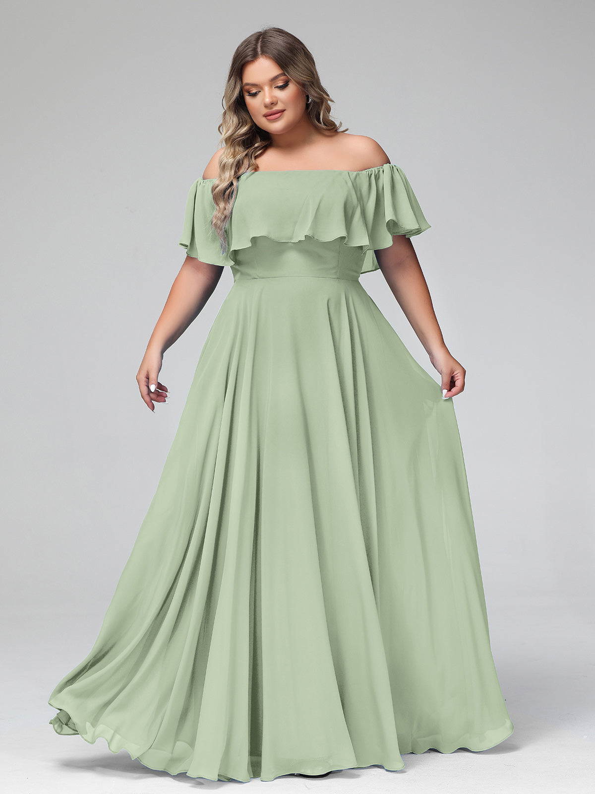 Off the Shoulder Chiffon Full Length Dress-Dusty Sage