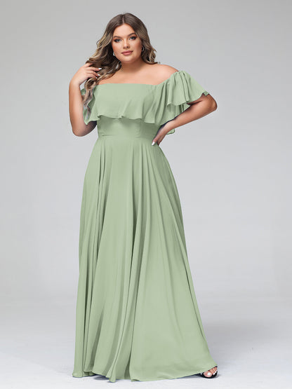 Off the Shoulder Chiffon Full Length Dress-Dusty Sage