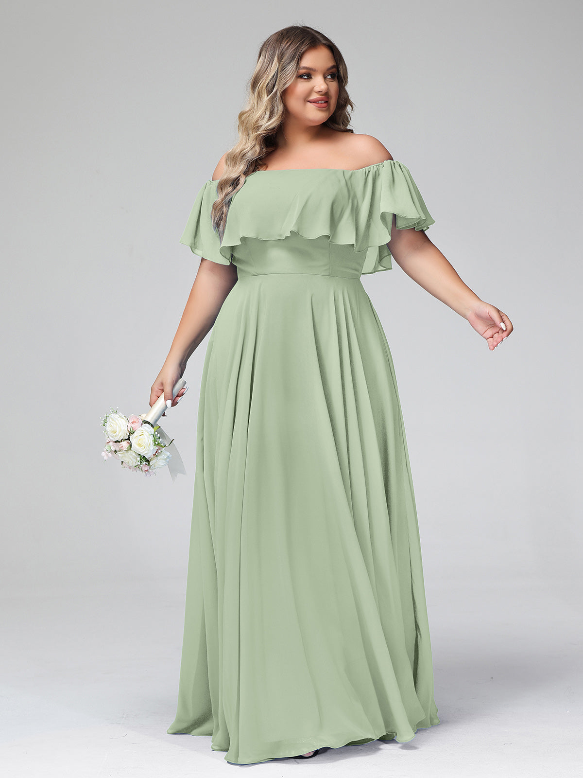 Off the Shoulder Chiffon Full Length Dress-Dusty Sage