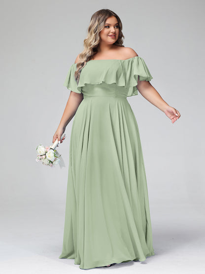 Off the Shoulder Chiffon Full Length Dress-Dusty Sage