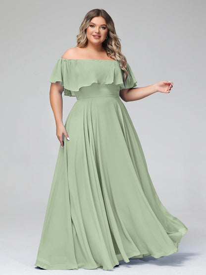 Off the Shoulder Chiffon Full Length Dress-Dusty Sage
