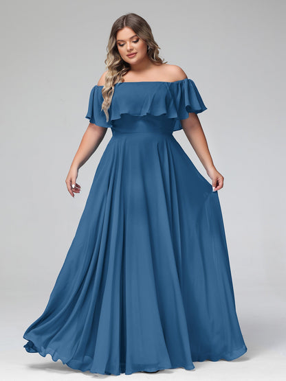 Off the Shoulder Chiffon Full Length Dress-Ink Blue