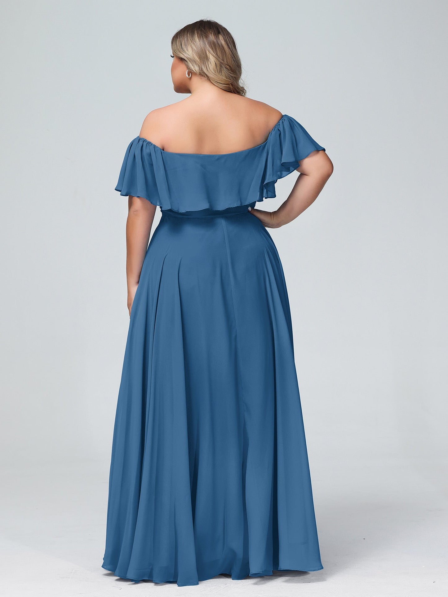 Off the Shoulder Chiffon Full Length Dress-Ink Blue