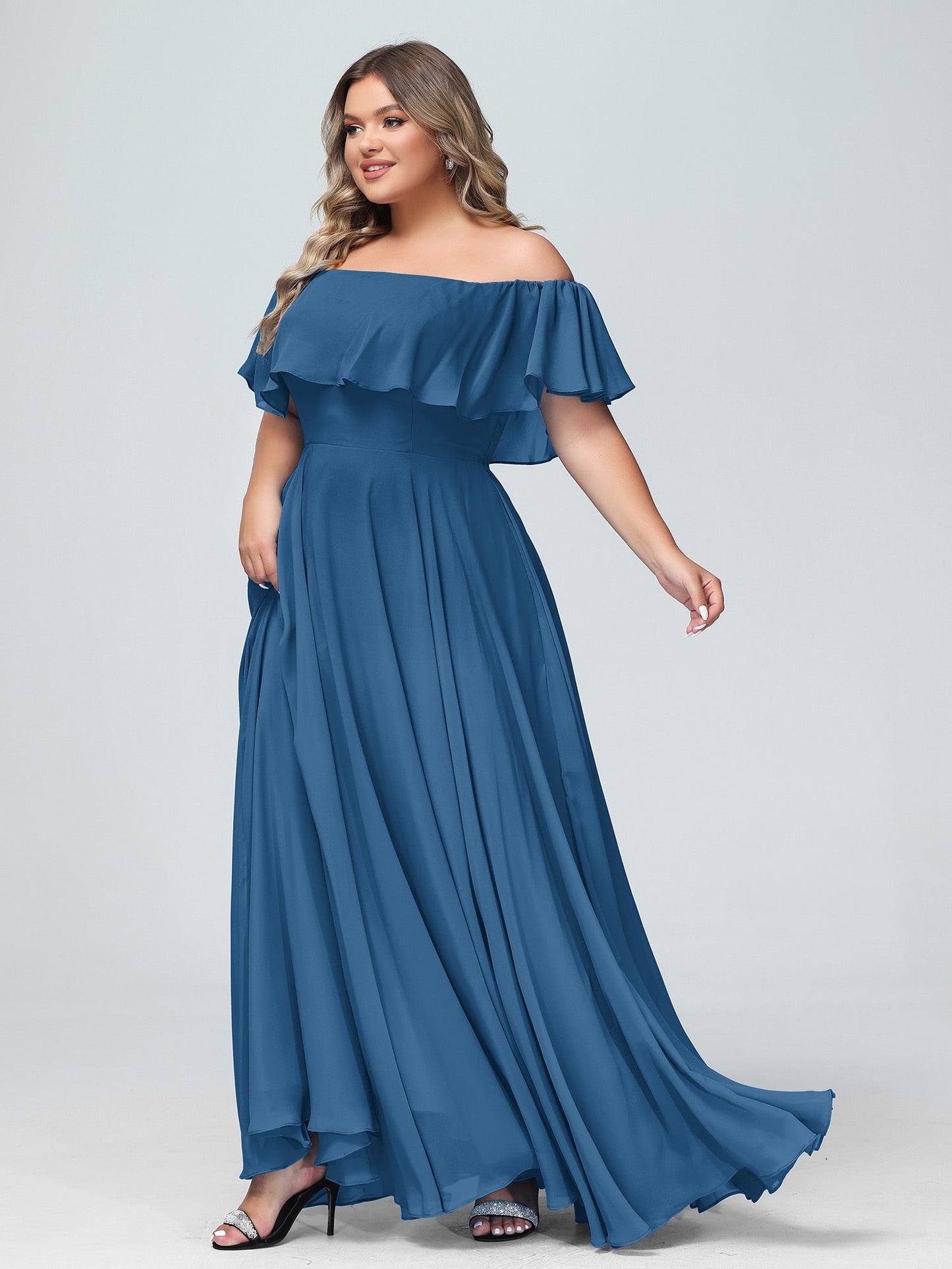 Off the Shoulder Chiffon Full Length Dress-Ink Blue