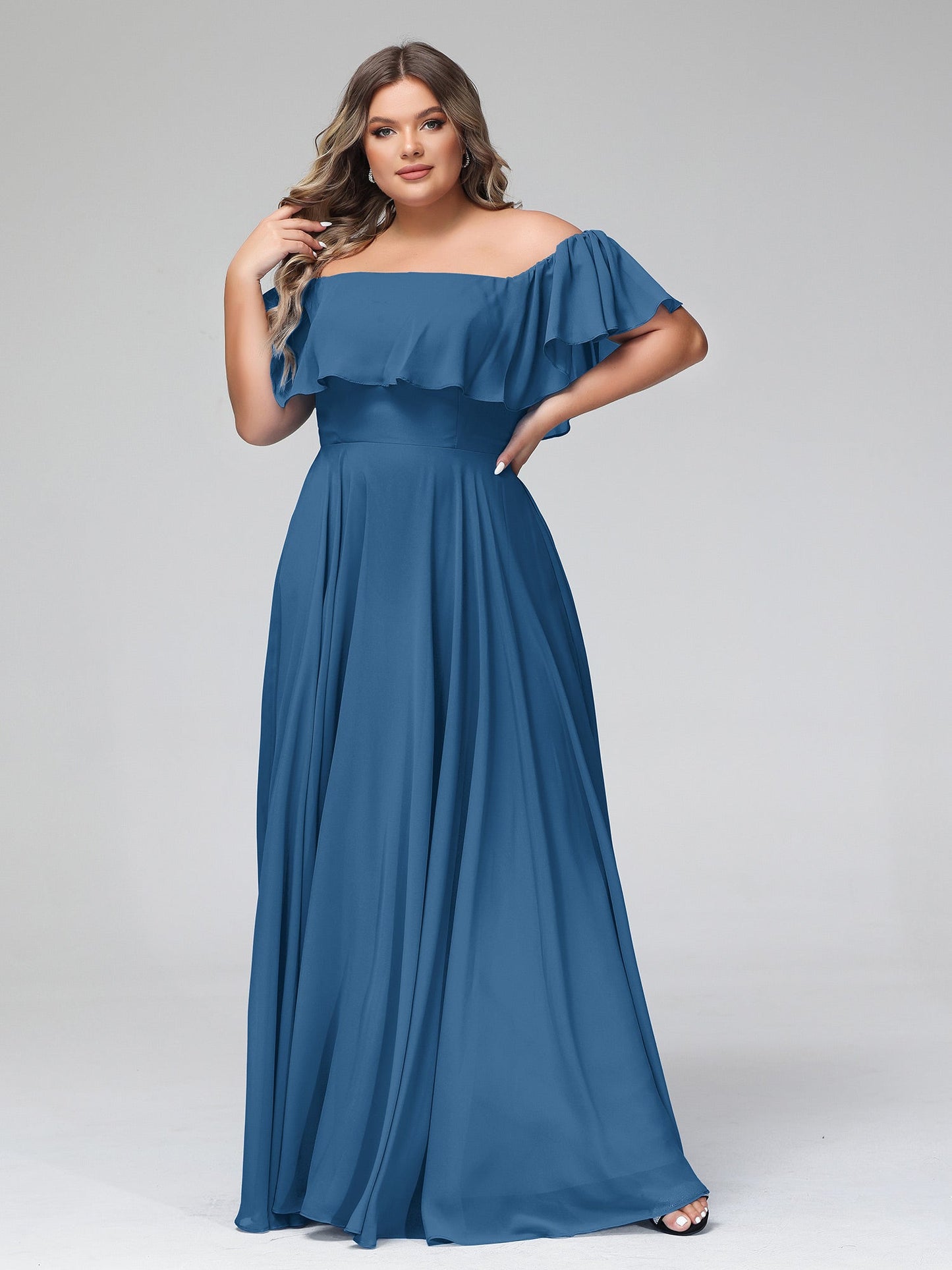 Off the Shoulder Chiffon Full Length Dress-Ink Blue