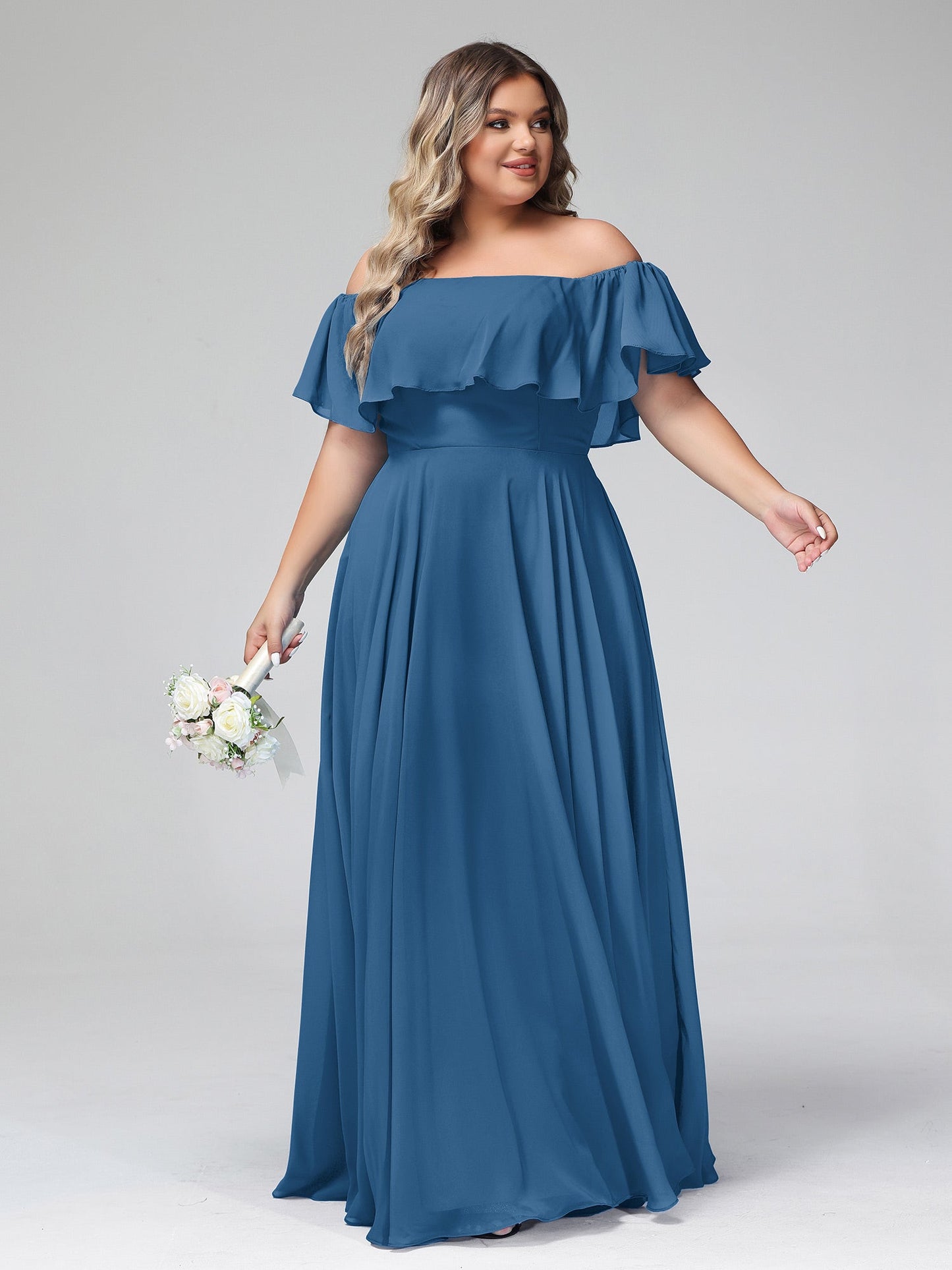 Off the Shoulder Chiffon Full Length Dress-Ink Blue