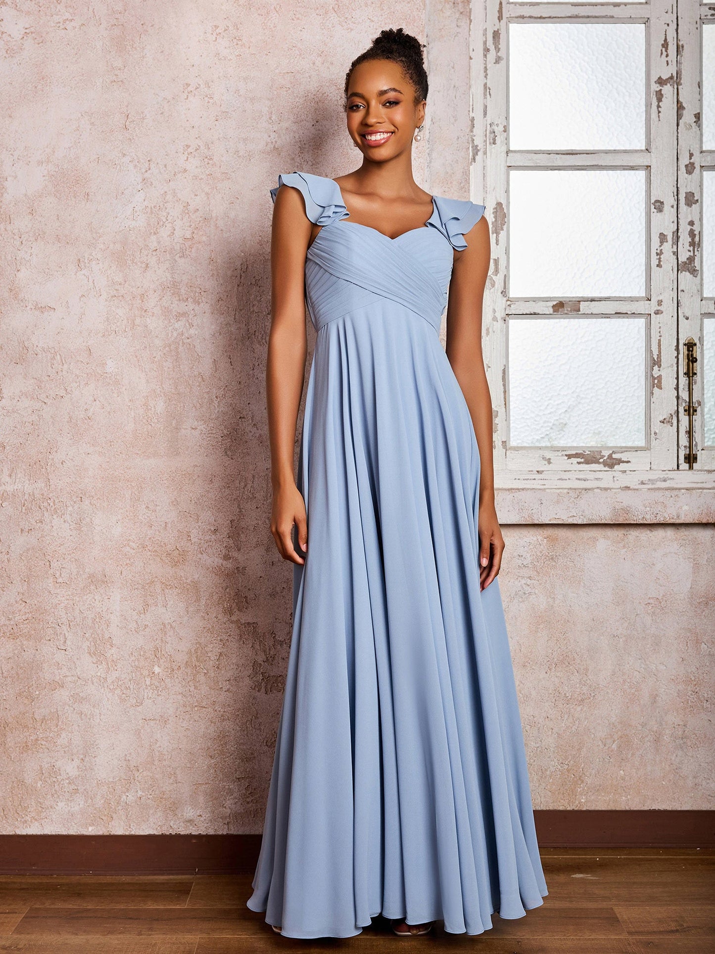 Ruffle Straps Empire Long Chiffon Bridesmaid Dresses Dusty Blue