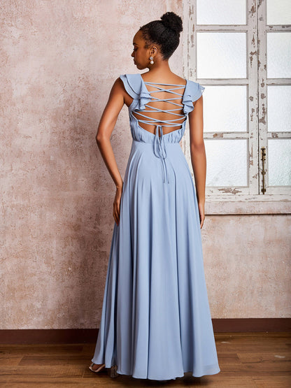 Ruffle Straps Empire Long Chiffon Bridesmaid Dresses Dusty Blue