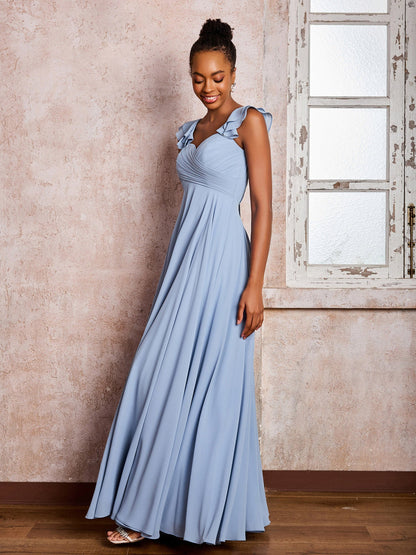 Ruffle Straps Empire Long Chiffon Bridesmaid Dresses Dusty Blue