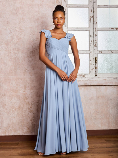 Ruffle Straps Empire Long Chiffon Bridesmaid Dresses Dusty Blue