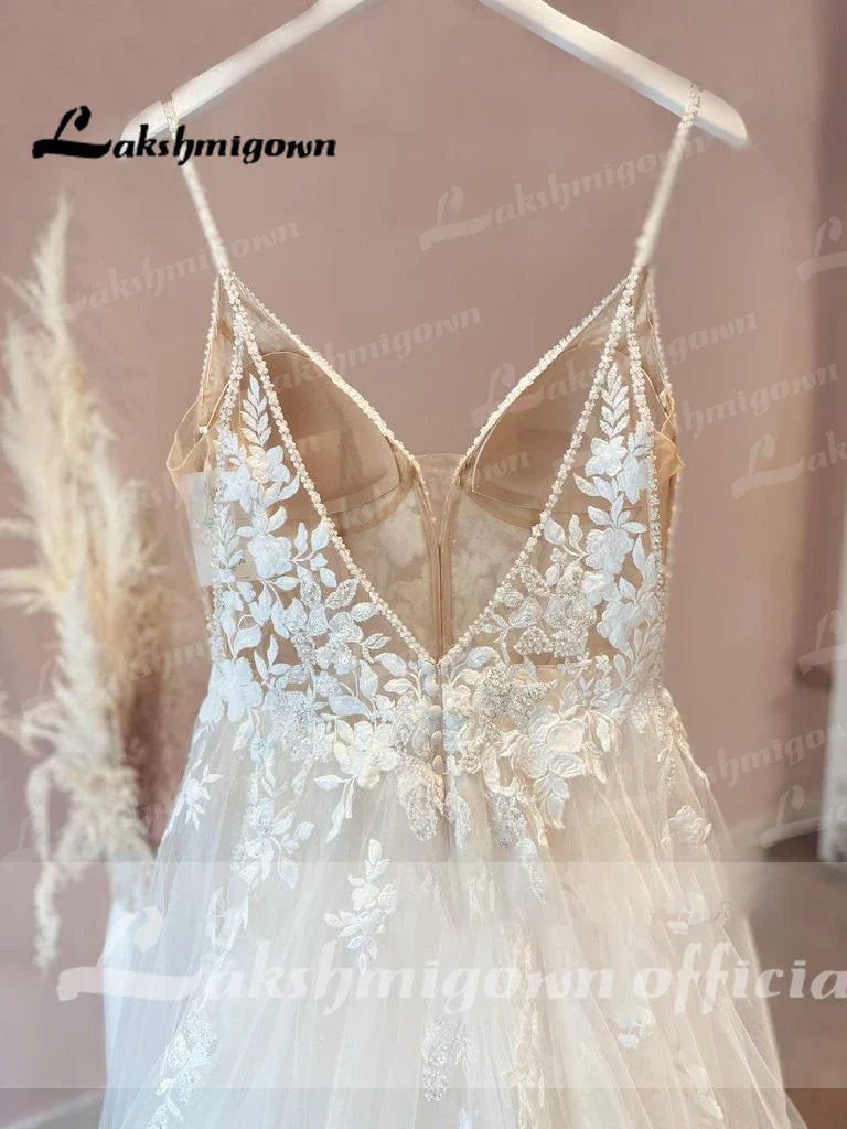 Vestido Novia Spaghetti Straps Lace Wedding Dress Tulle Gown
