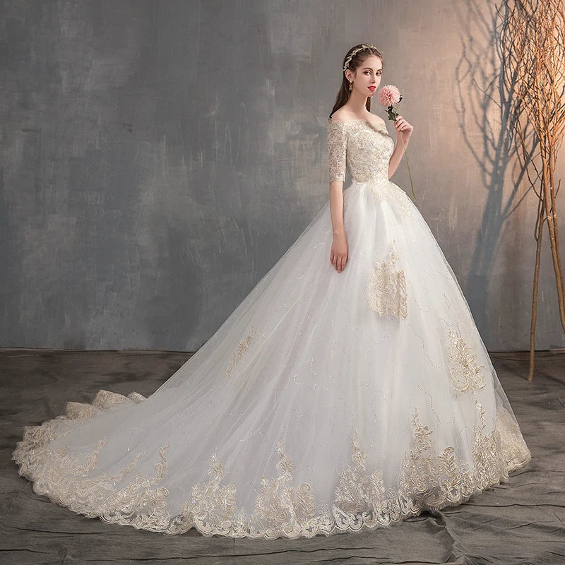 Off The Shoulder Half Sleeve Wedding Dress Lace Applique Plus Size Ball Gown Customized