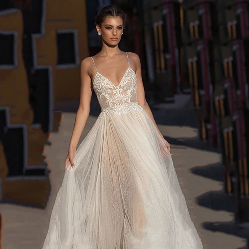Eightree Beach Wedding Dress Boho Lace Backless Gown Customized