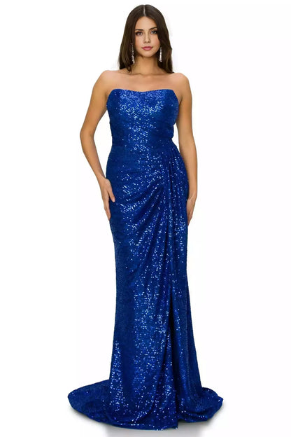 Heartwarming long strapless sequins, strapless neckline with drooping pleats and side slits, both affordable and stunning Prom Dresses