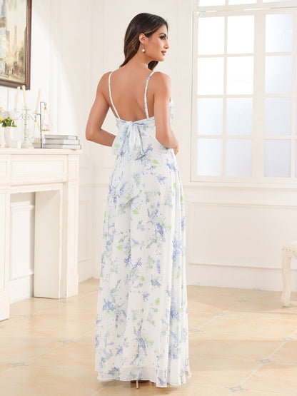 Lavender Floral Sweetheart Pleated Long Dress With Slit