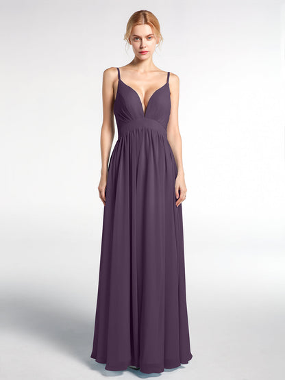 Deep V-neck Empire Waist Chiffon Long Dress-Plum