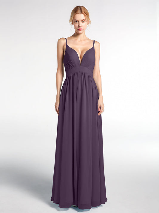 Deep V-neck Empire Waist Chiffon Long Dress-Plum