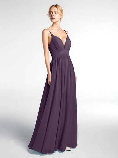 Deep V-neck Empire Waist Chiffon Long Dress-Plum