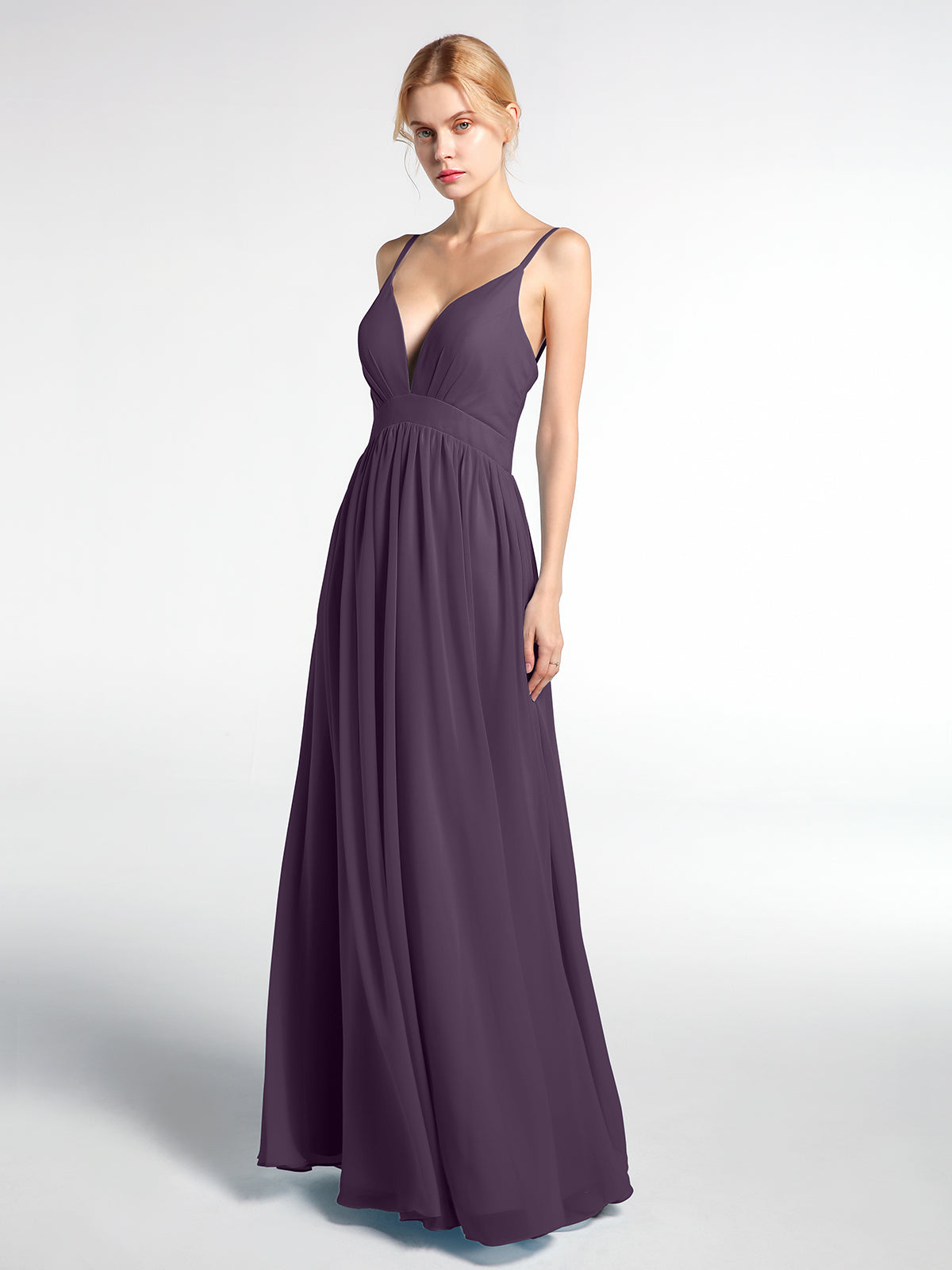 Deep V-neck Empire Waist Chiffon Long Dress-Plum