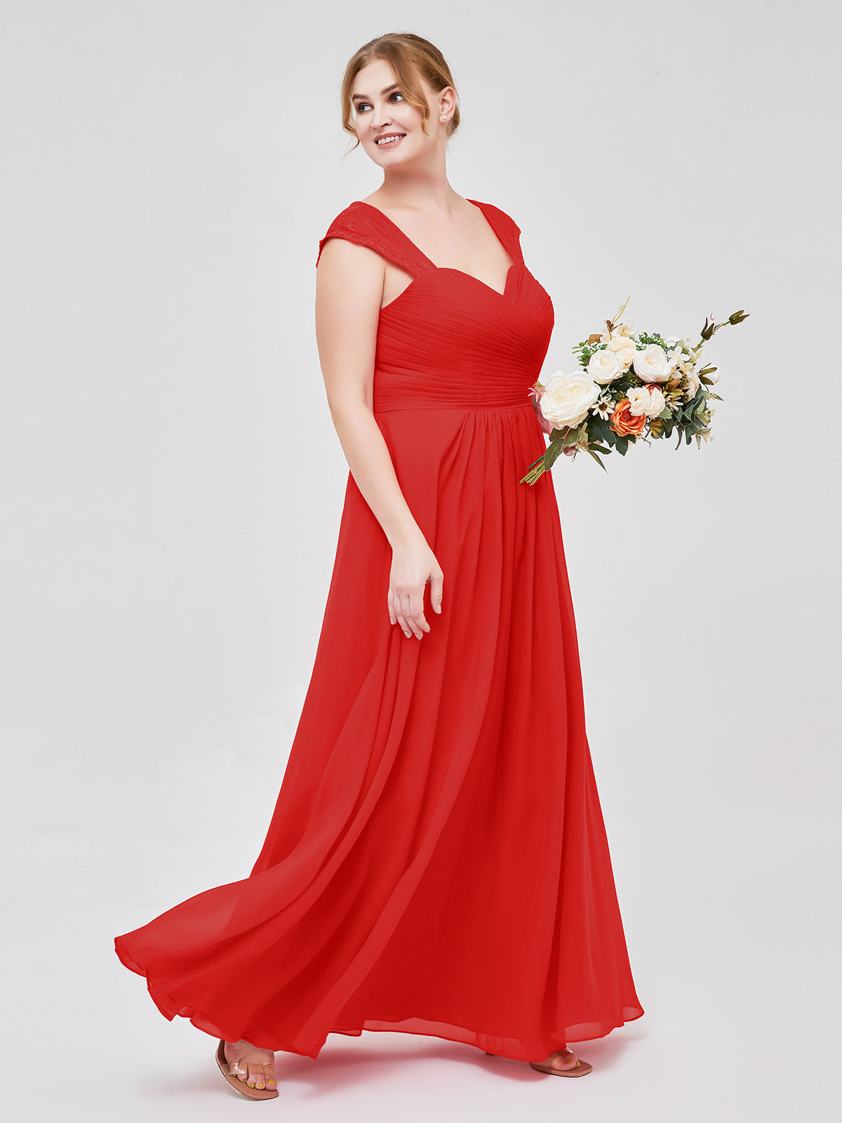 Sweetheart Chiffon Dresses with Lace Cap Sleeves Red