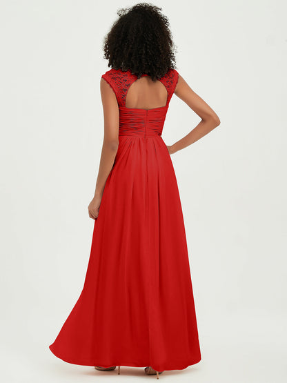 Sweetheart Chiffon Dresses with Lace Cap Sleeves Red