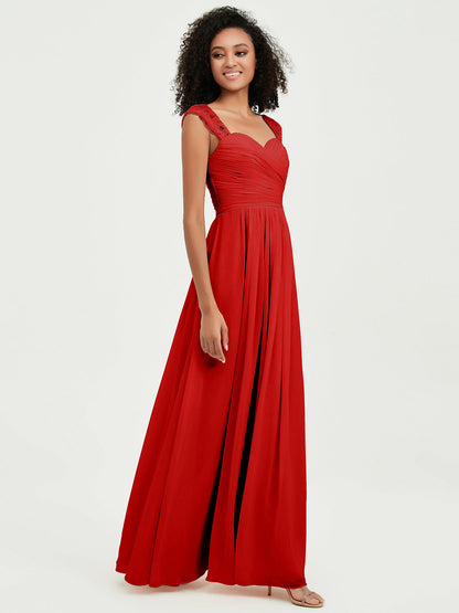 Sweetheart Chiffon Dresses with Lace Cap Sleeves Red