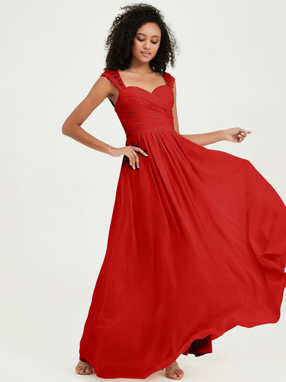 Sweetheart Chiffon Dresses with Lace Cap Sleeves Red