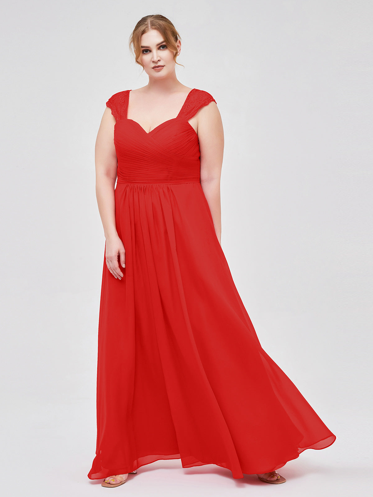 Sweetheart Chiffon Dresses with Lace Cap Sleeves Red