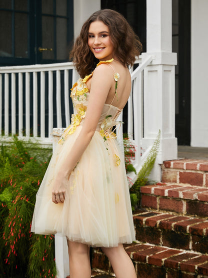 Floral Applique Square Lace-up A-line Tulle Mini Dress Daffodil