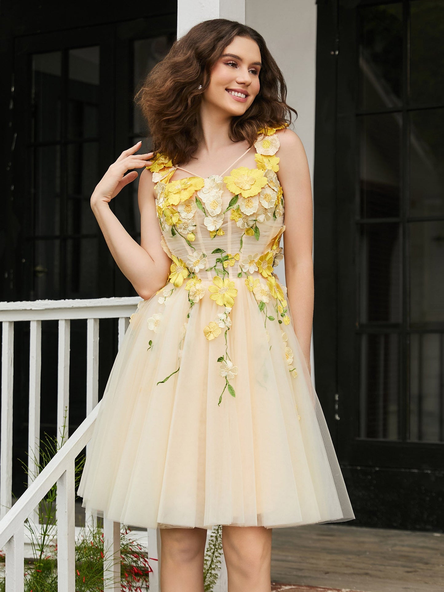 Floral Applique Square Lace-up A-line Tulle Mini Dress Daffodil