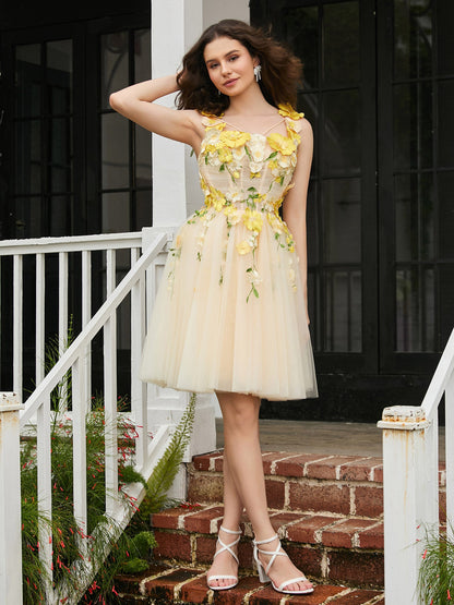 Floral Applique Square Lace-up A-line Tulle Mini Dress Daffodil