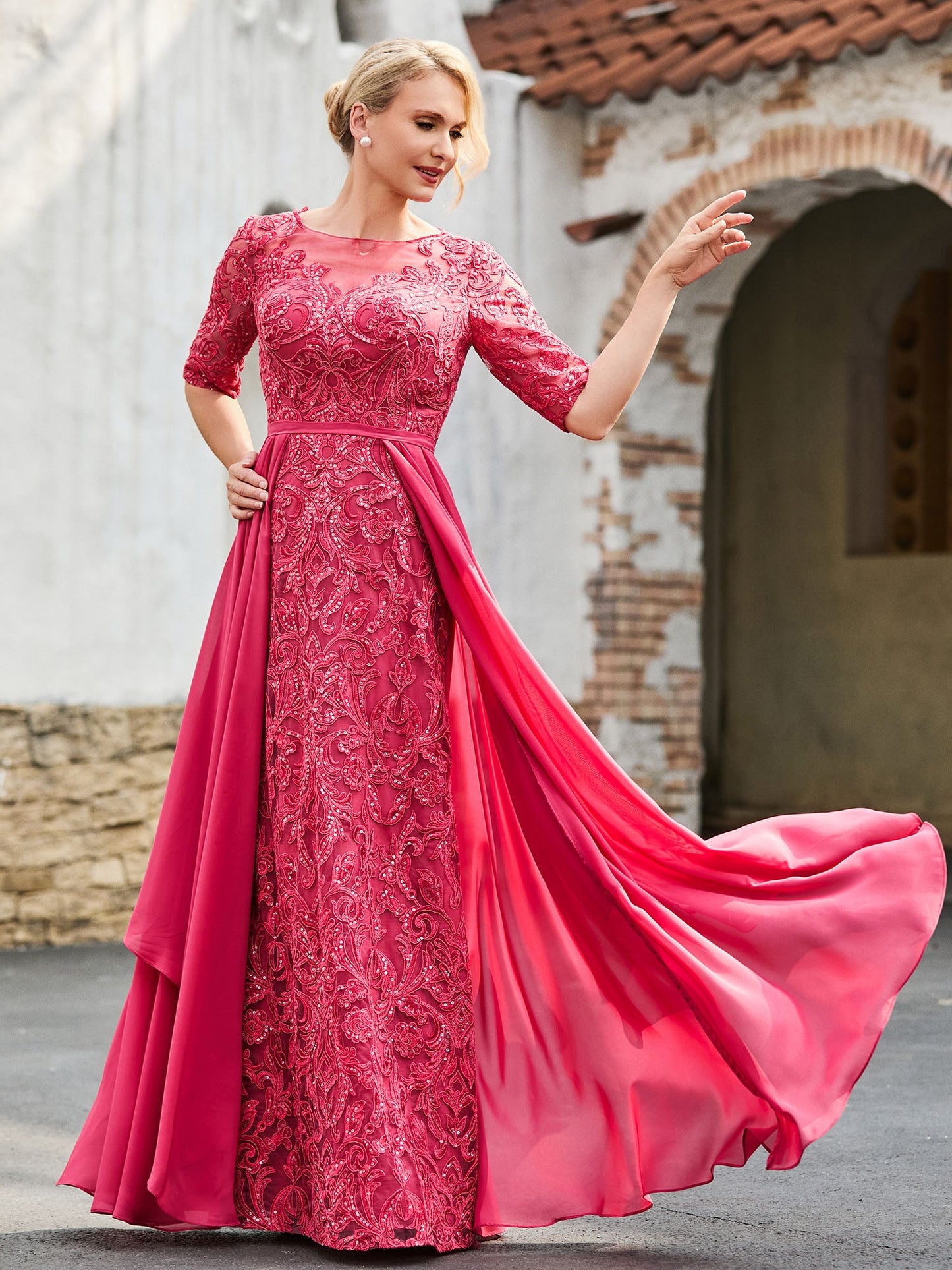 A-line Lace Dress with Trailing Cinnamon Rose