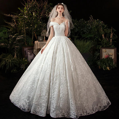 Wedding Dress Elegant Boat Neck Gown with Train Luxury Lace