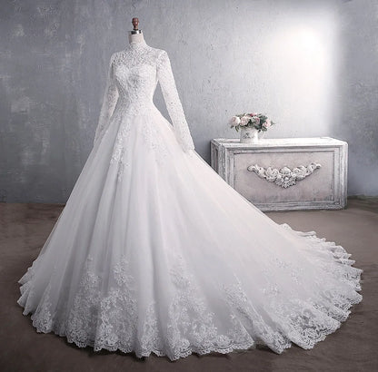 Muslim Wedding Dress Elegant High Neck Princess Bride Gown