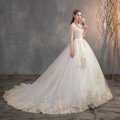 Off The Shoulder Half Sleeve Wedding Dress Lace Applique Plus Size Ball Gown Customized