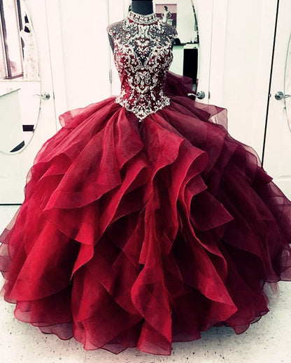 High Neck Crystal Beaded Bodice Corset Organza Layered Quinceanera Dresses Ball Gowns
