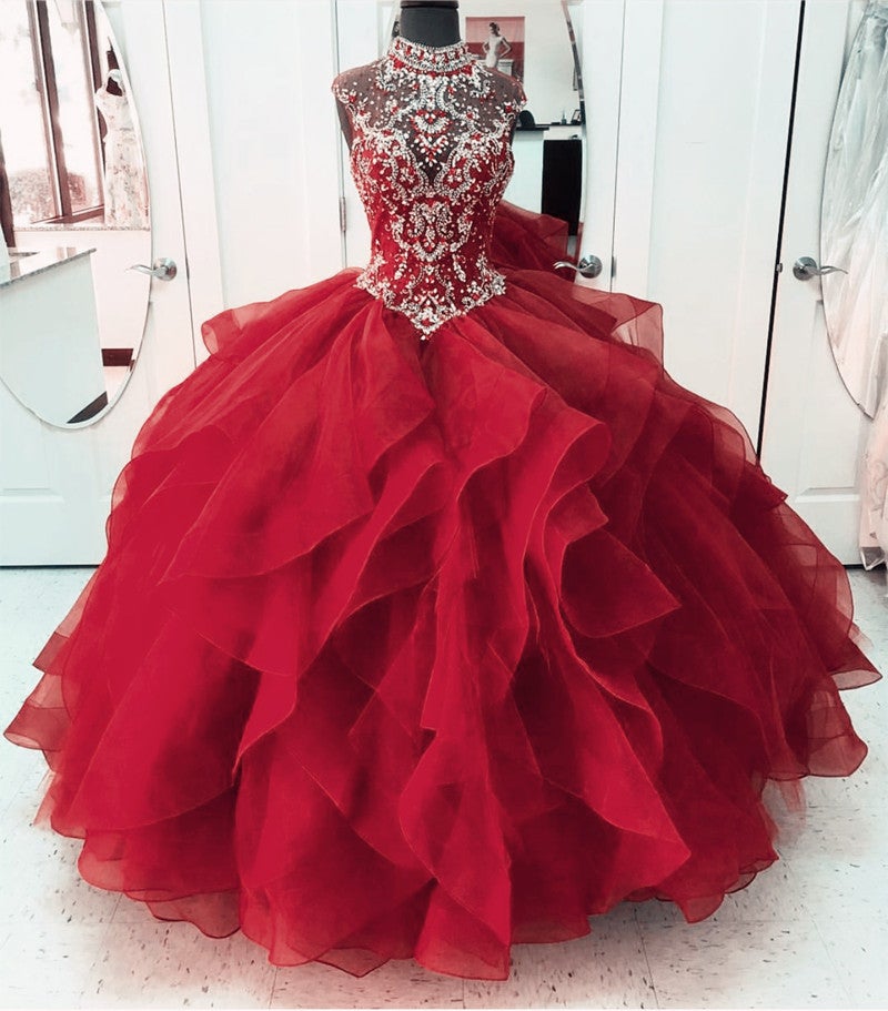 High Neck Crystal Beaded Bodice Corset Organza Layered Quinceanera Dresses Ball Gowns